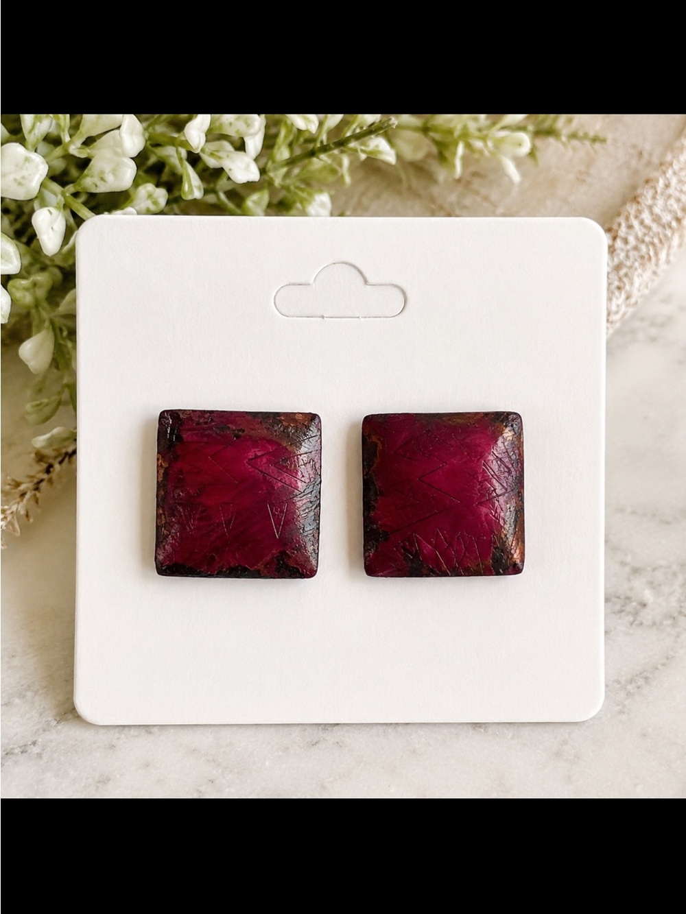 Hand Painted Wooden Square Statement Earrings Burgundy Abstract Art